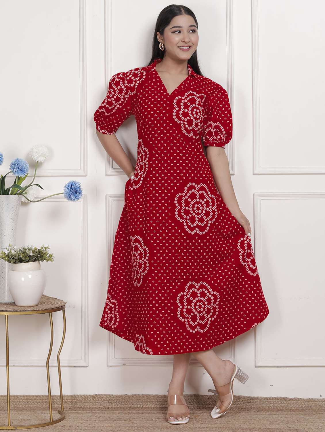 women printed puff sleeve a-line dress - 22285721 -  Standard Image - 1
