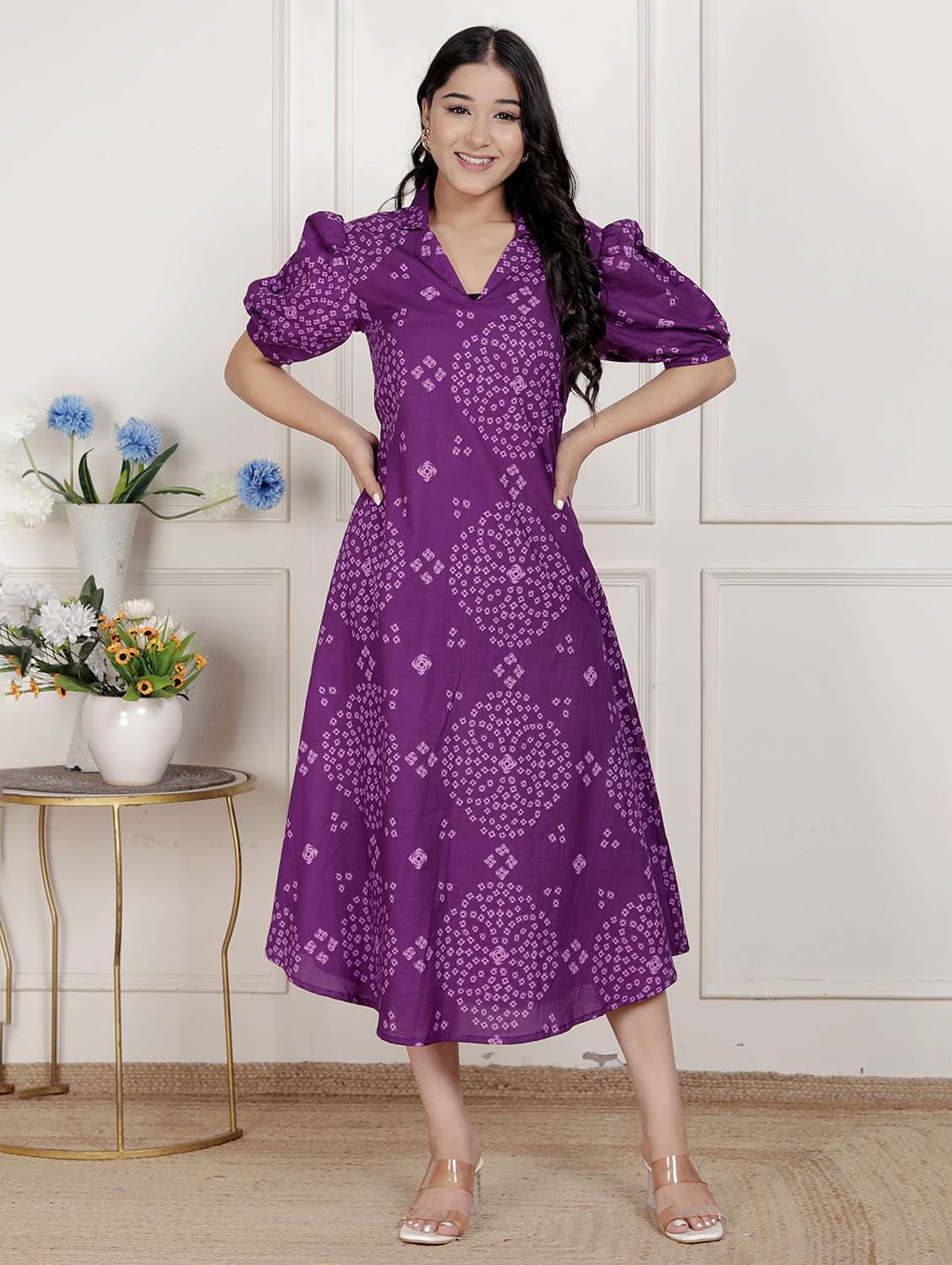 women printed puff sleeve a-line dress