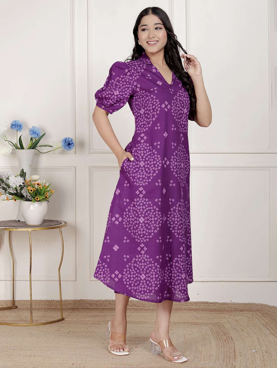 women printed puff sleeve a-line dress - 22285722 -  Standard Image - 1