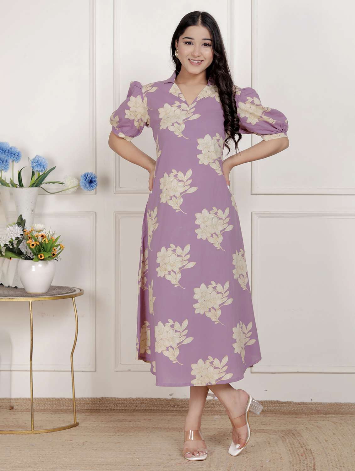 women printed puff sleeve a-line dress - 22285723 -  Standard Image - 4