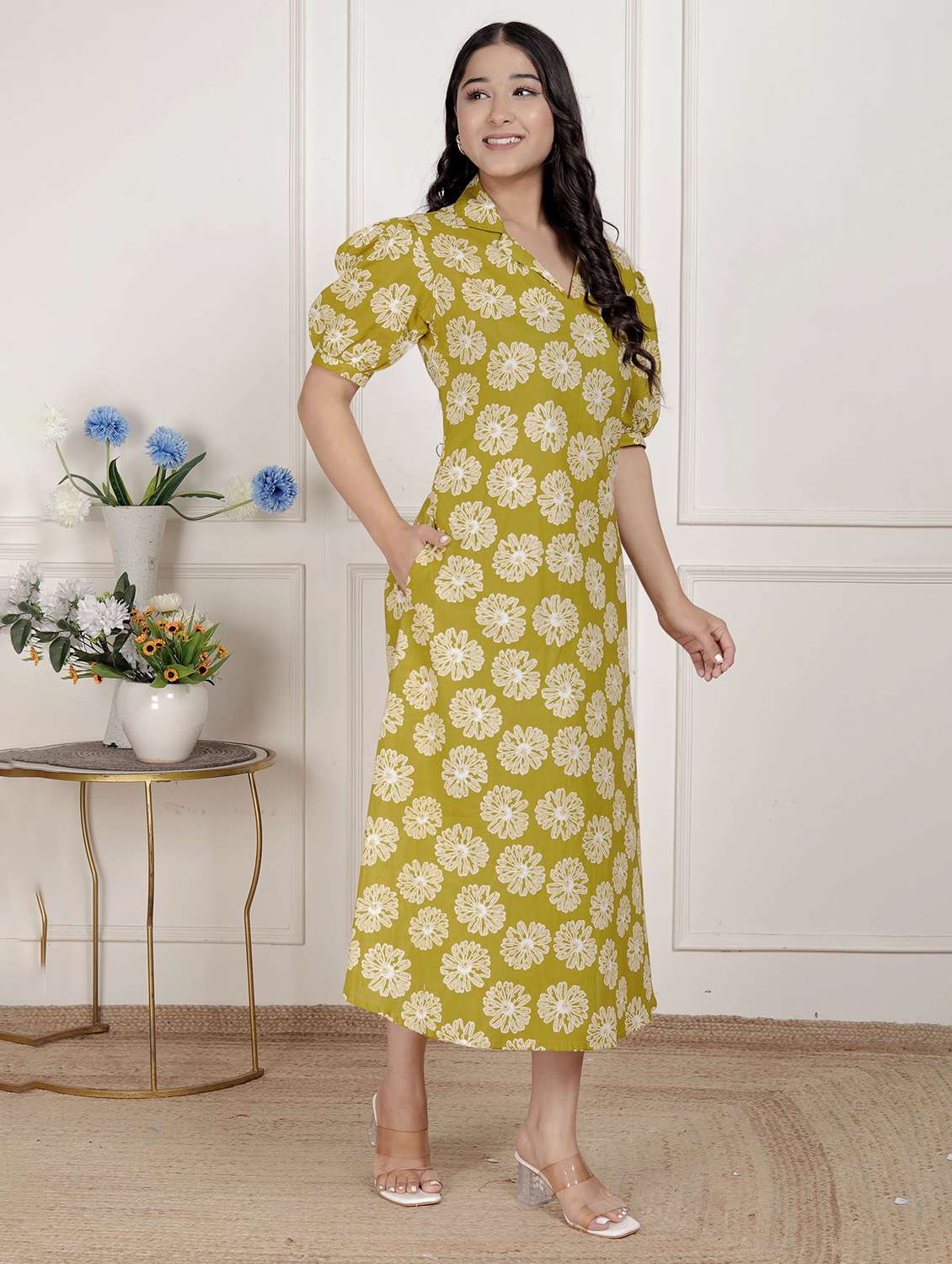 women printed puff sleeve a-line dress - 22285731 -  Standard Image - 1