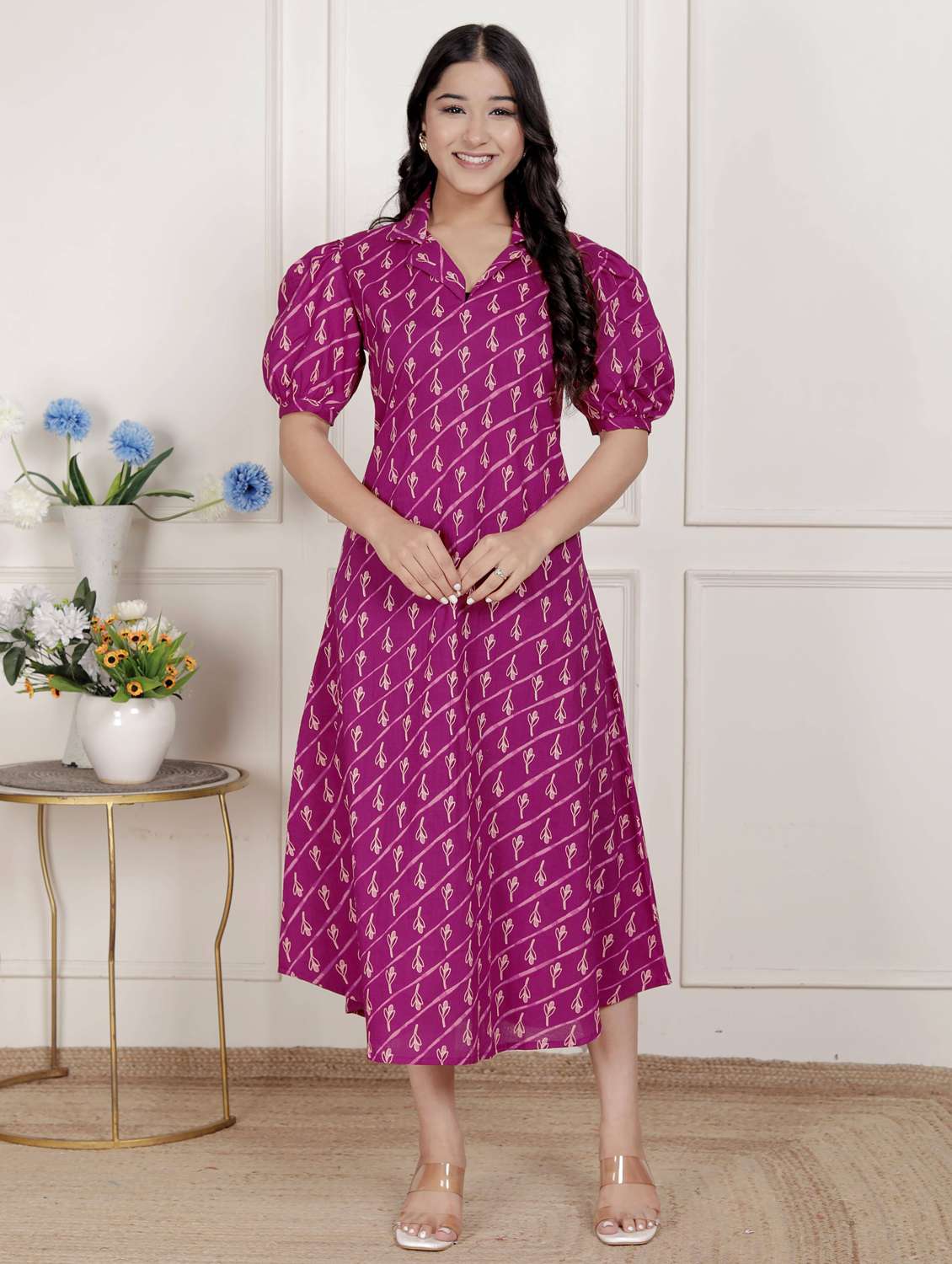 women printed puff sleeve a-line dress - 22285733 -  Standard Image - 1