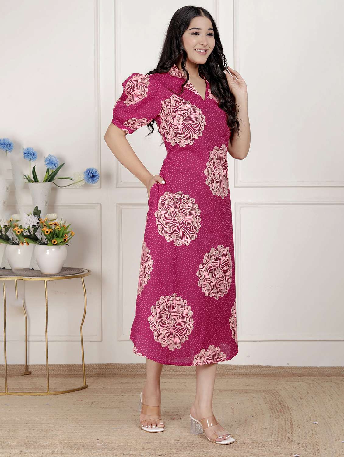 women printed puff sleeve a-line dress - 22285738 -  Standard Image - 1