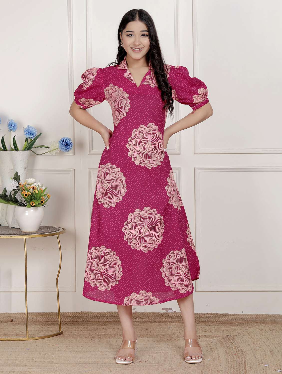 women printed puff sleeve a-line dress - 22285738 -  Standard Image - 4