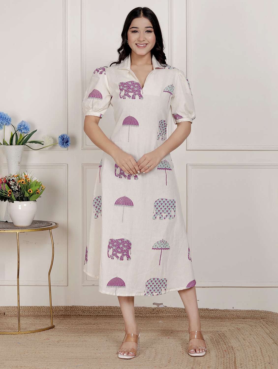 women printed puff sleeve a-line dress - 22285740 -  Standard Image - 1