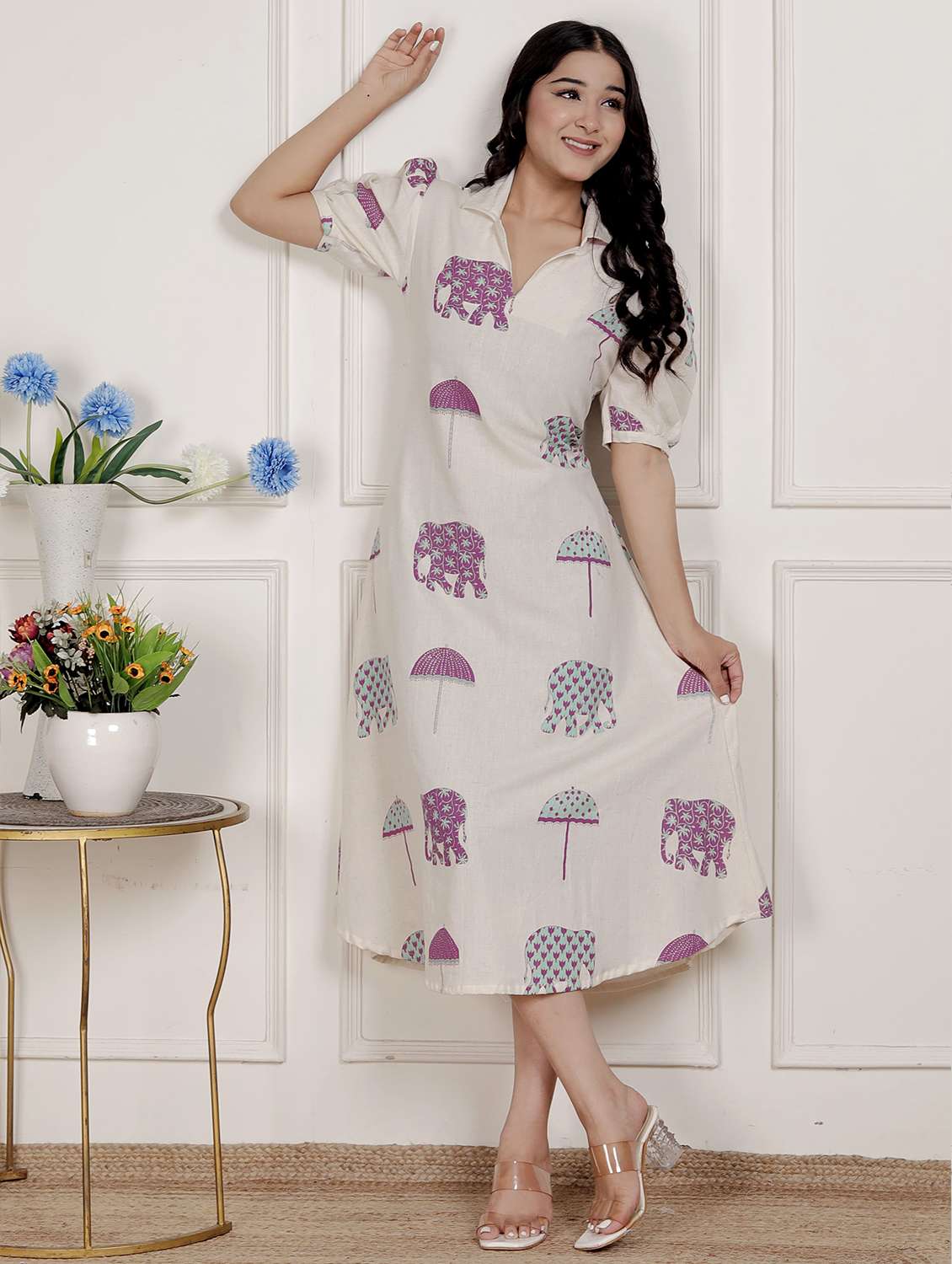 women printed puff sleeve a-line dress - 22285740 -  Standard Image - 4