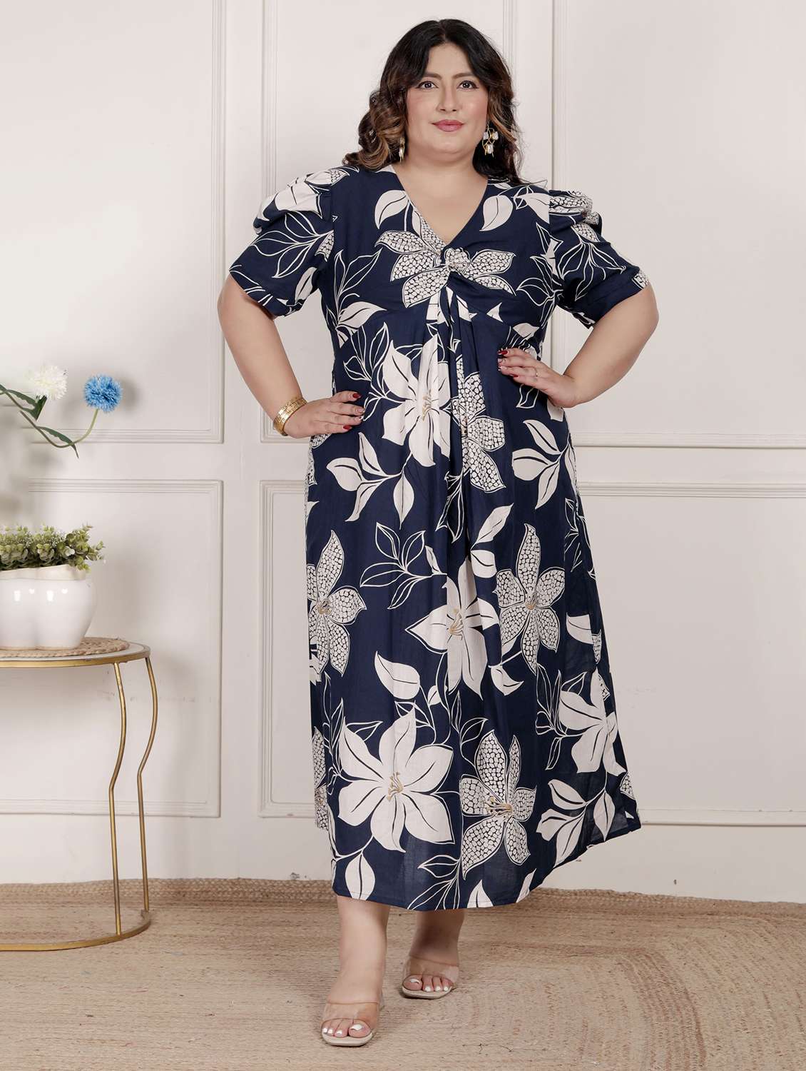 women printed puff sleeve a-line dress