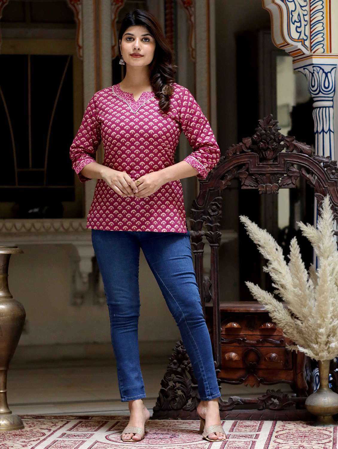 women printed three quarter sleeve straight kurti