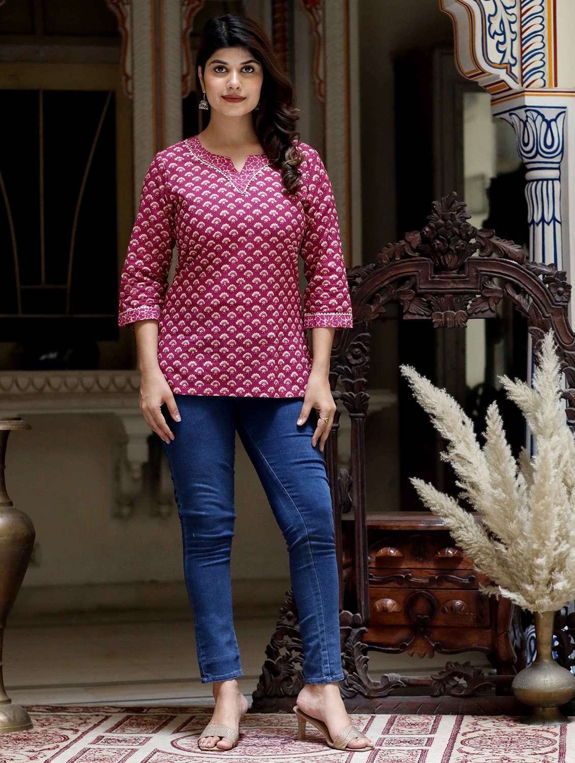 women printed three quarter sleeve straight kurti - 22285745 -  Standard Image - 1