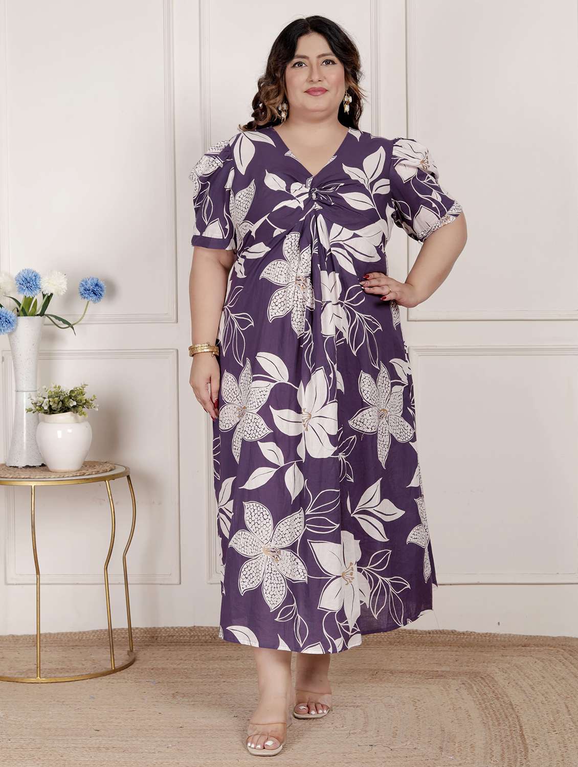 women plus size floral print puff sleeve dress