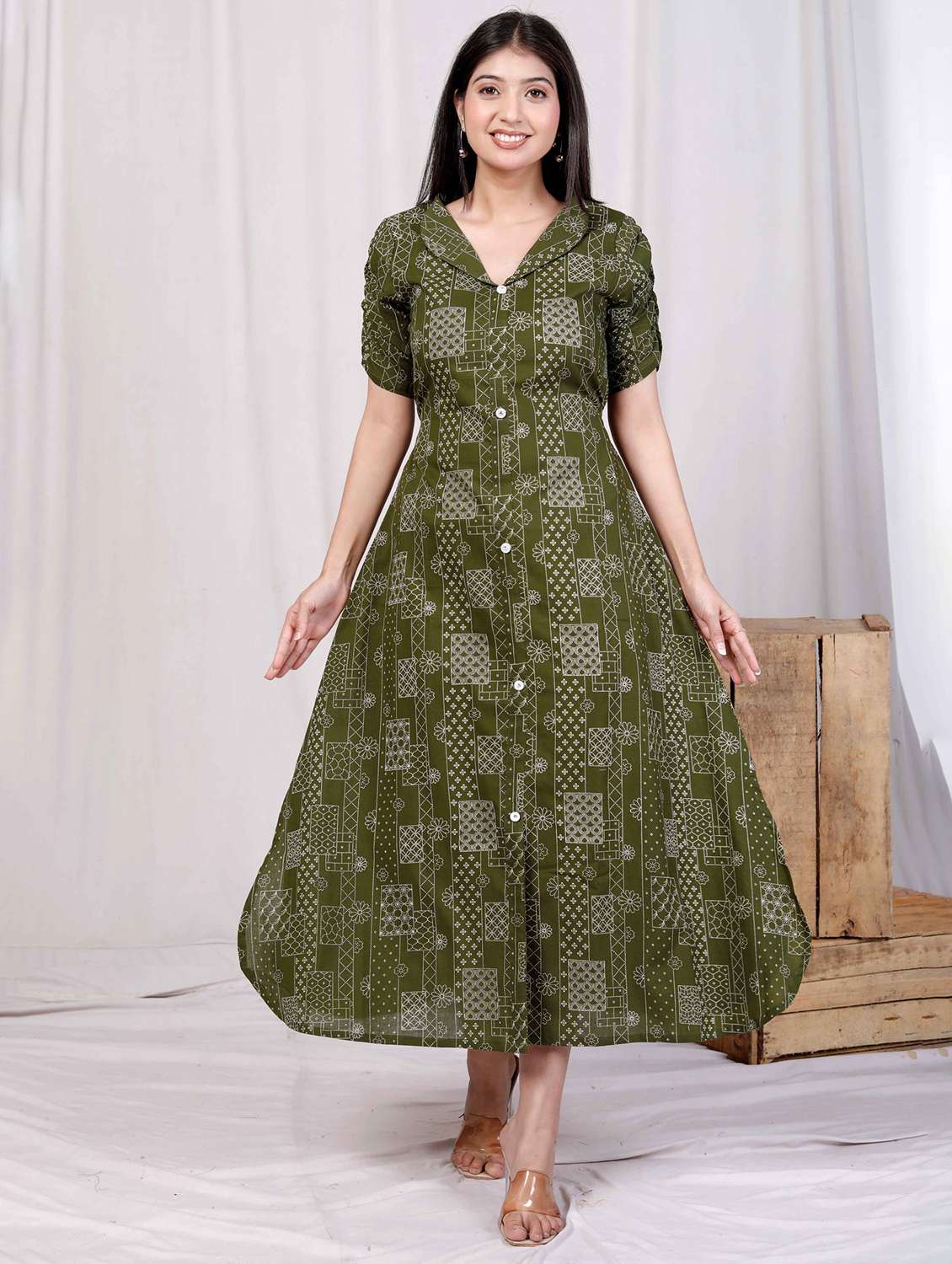 women printed puff sleeve a-line dress - 22285755 -  Standard Image - 1