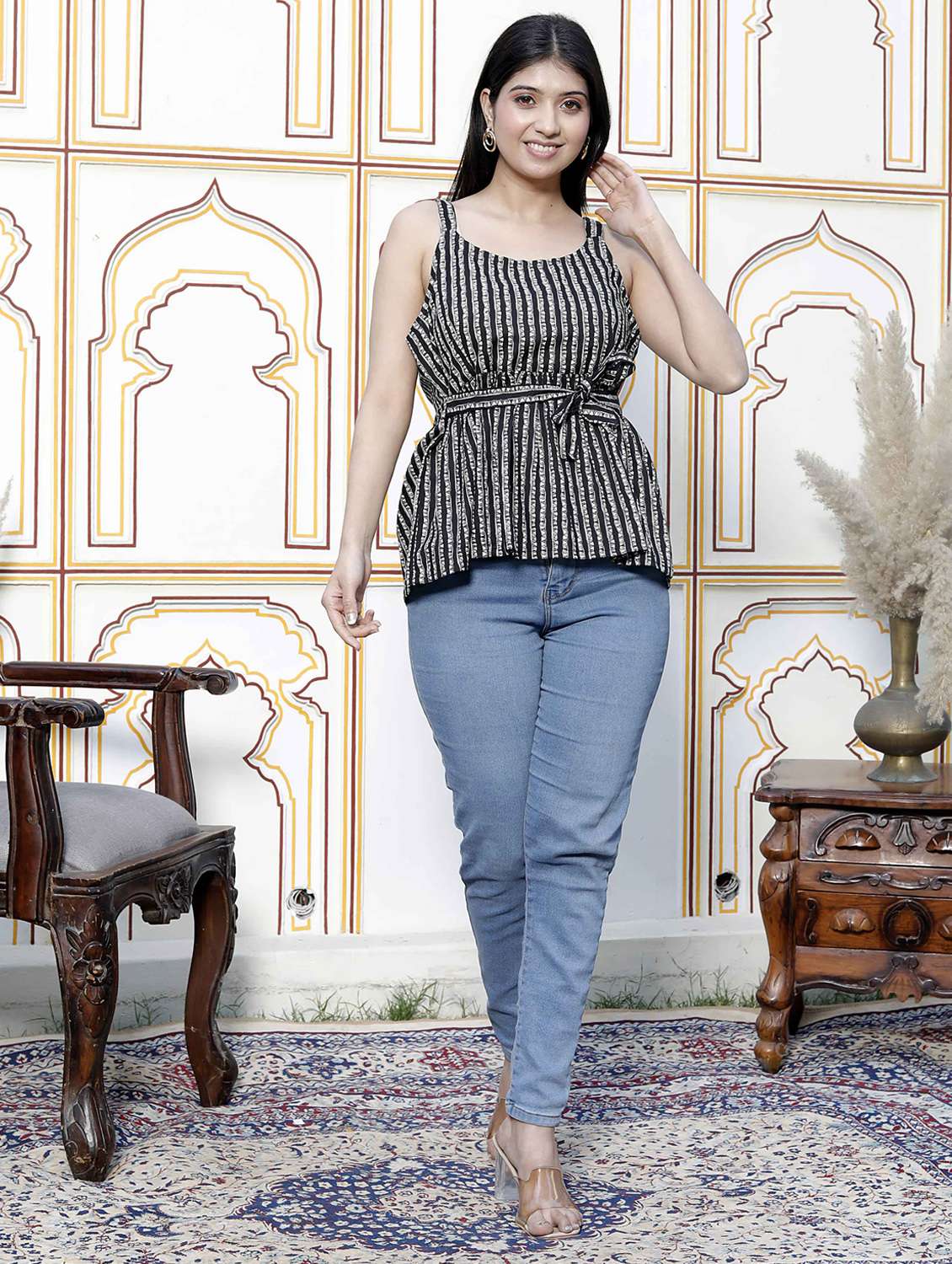 women printed shoulder strap peplum top - 22285761 -  Standard Image - 4