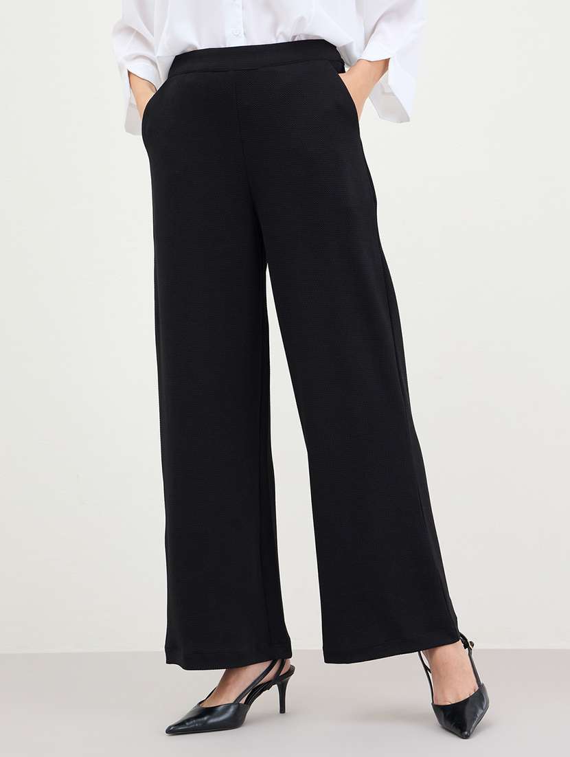women solid high rise wide leg trouser