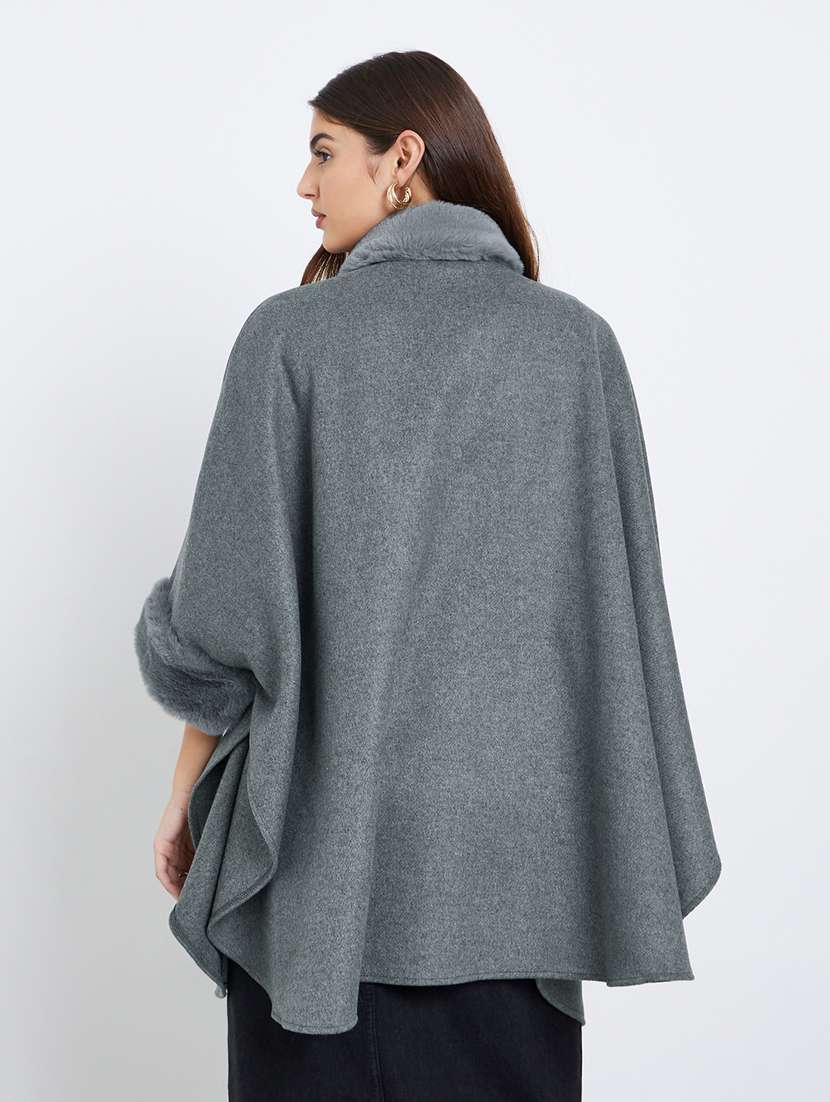 women solid fur detailed long cape - 22285803 -  Standard Image - 1