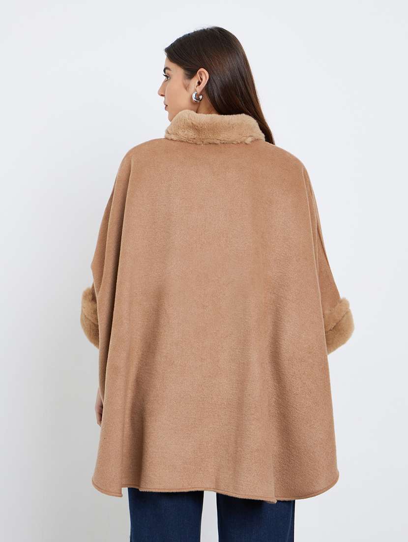 women solid long sleeve fur detailed cape - 22285804 -  Standard Image - 1