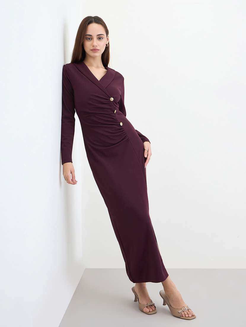 women solid lapel neck long sleeve bodycon dress