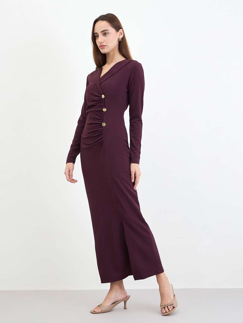 women solid lapel neck long sleeve bodycon dress - 22285807 -  Standard Image - 1