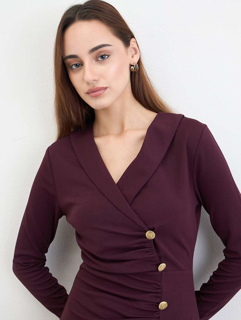 women solid lapel neck long sleeve bodycon dress - 22285807 -  Standard Image - 4