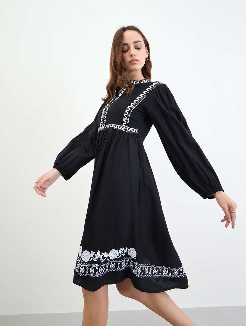 women embroidered puff sleeve fit and flared dress - 22285810 -  Standard Image - 1