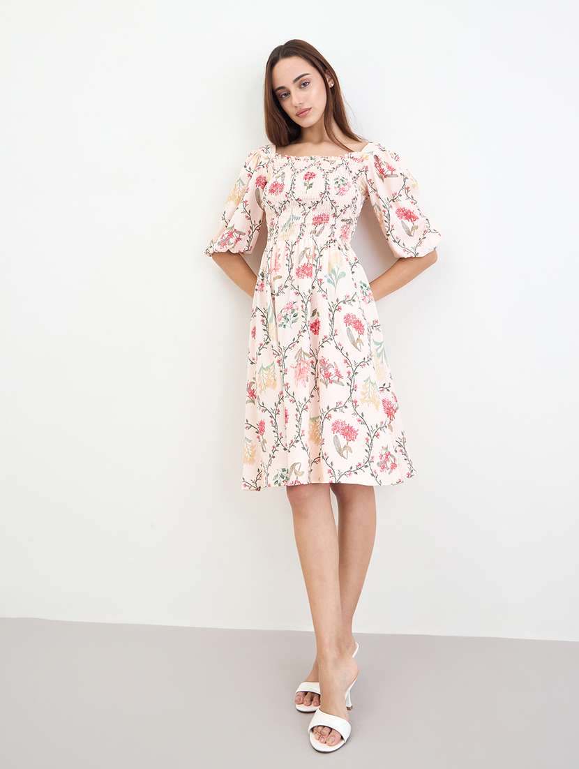 women printed puff sleeve a-line dress - 22285811 -  Standard Image - 1