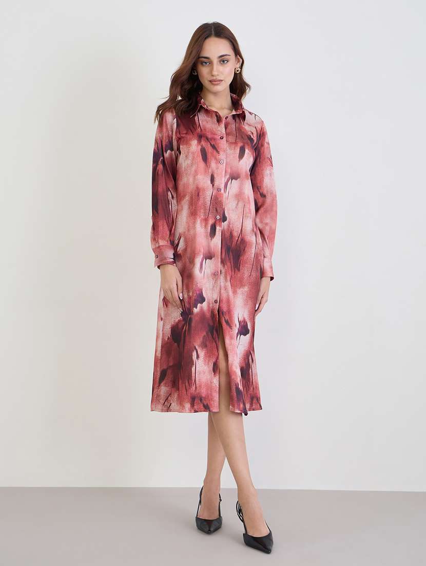 women printed collared long sleeve shirt dress - 22285812 -  Standard Image - 1