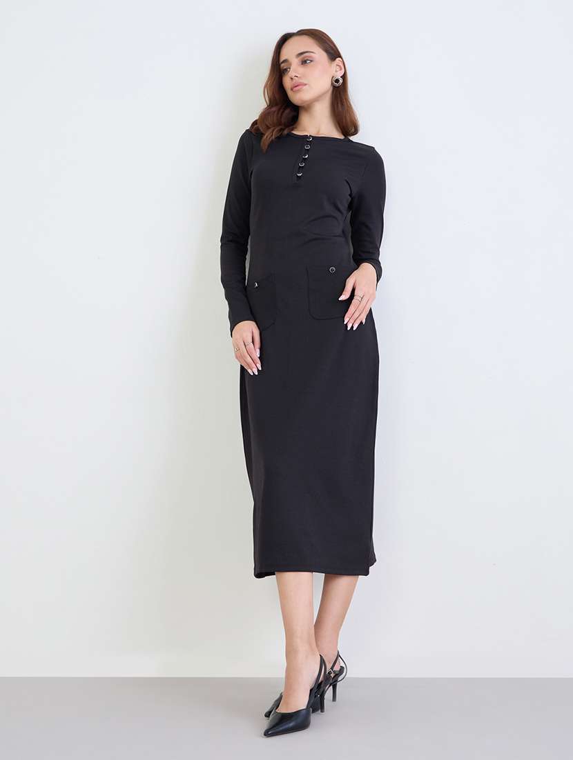 women solid long sleeve sheath dress