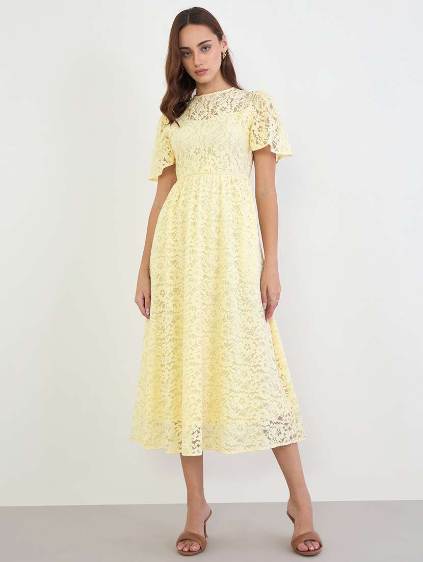 women solid puff sleeve lace fit & flare dress