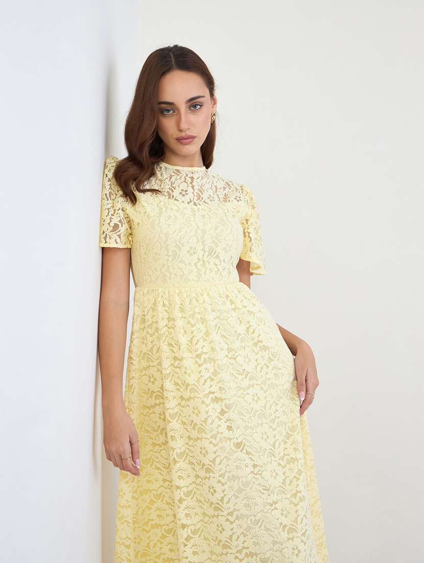 women solid puff sleeve lace fit & flare dress - 22285817 -  Standard Image - 1