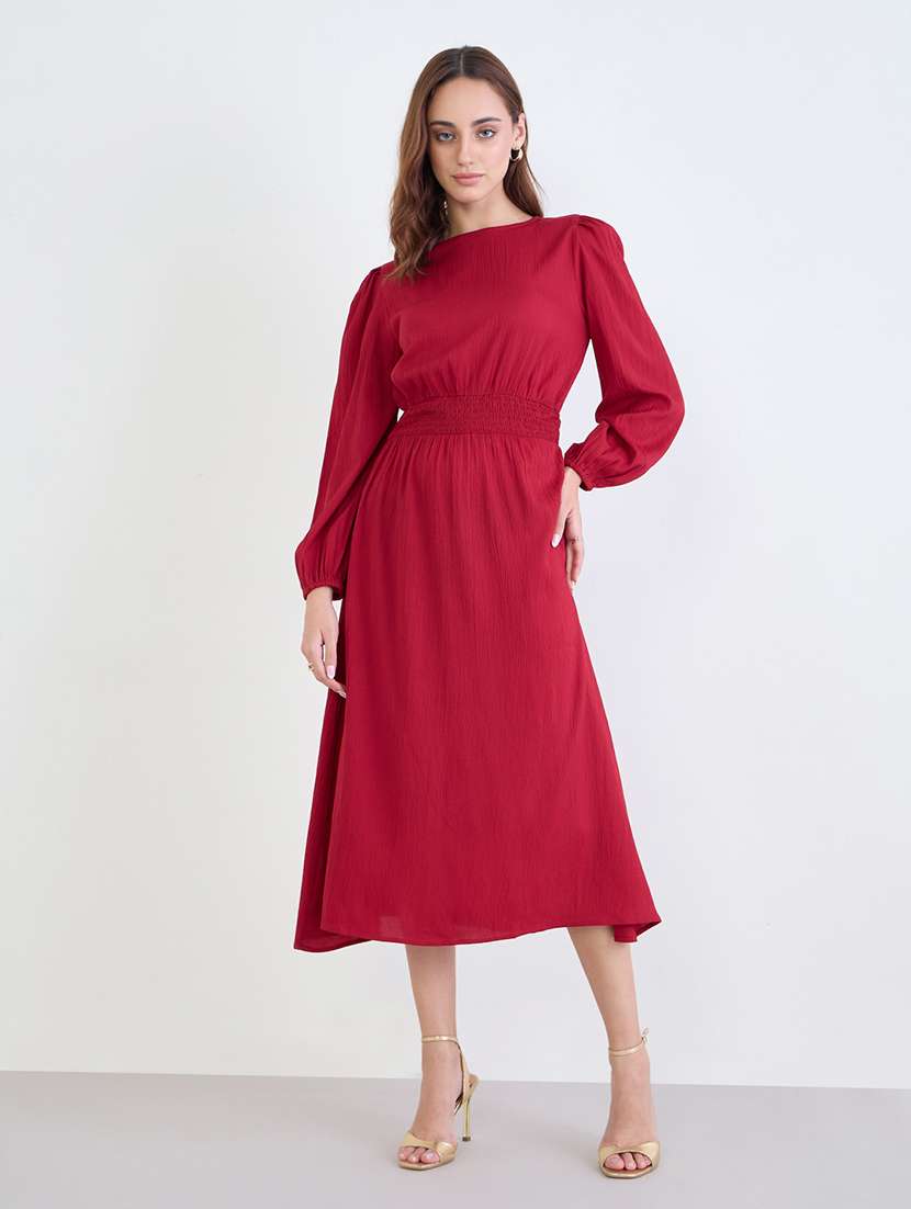 women solid puff sleeve a-line dress