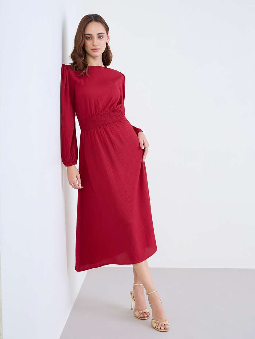 women solid puff sleeve a-line dress - 22285819 -  Standard Image - 1