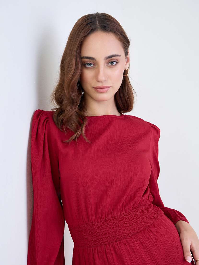 women solid puff sleeve a-line dress - 22285819 -  Standard Image - 4