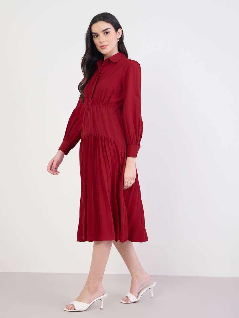 women solid puff sleeve collared tiered dress - 22285820 -  Standard Image - 1