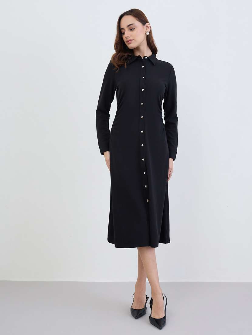 women solid collared long sleeve shirt dress