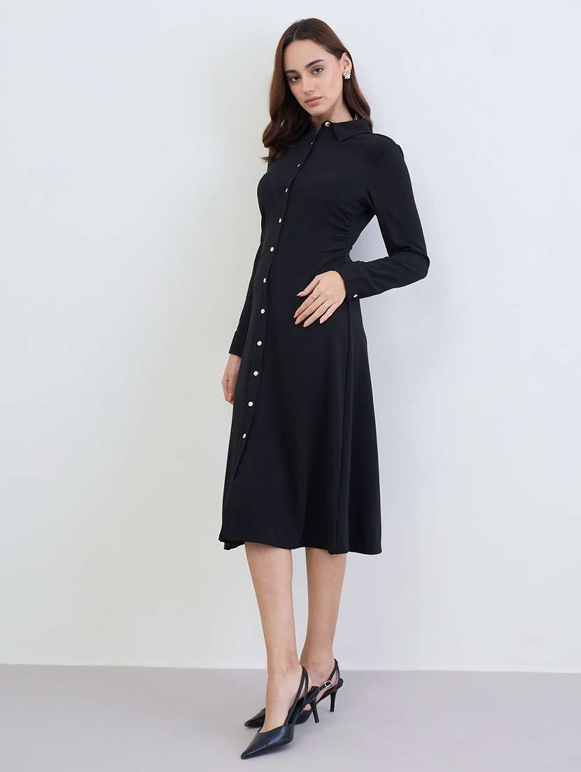 women solid collared long sleeve shirt dress - 22285821 -  Standard Image - 1