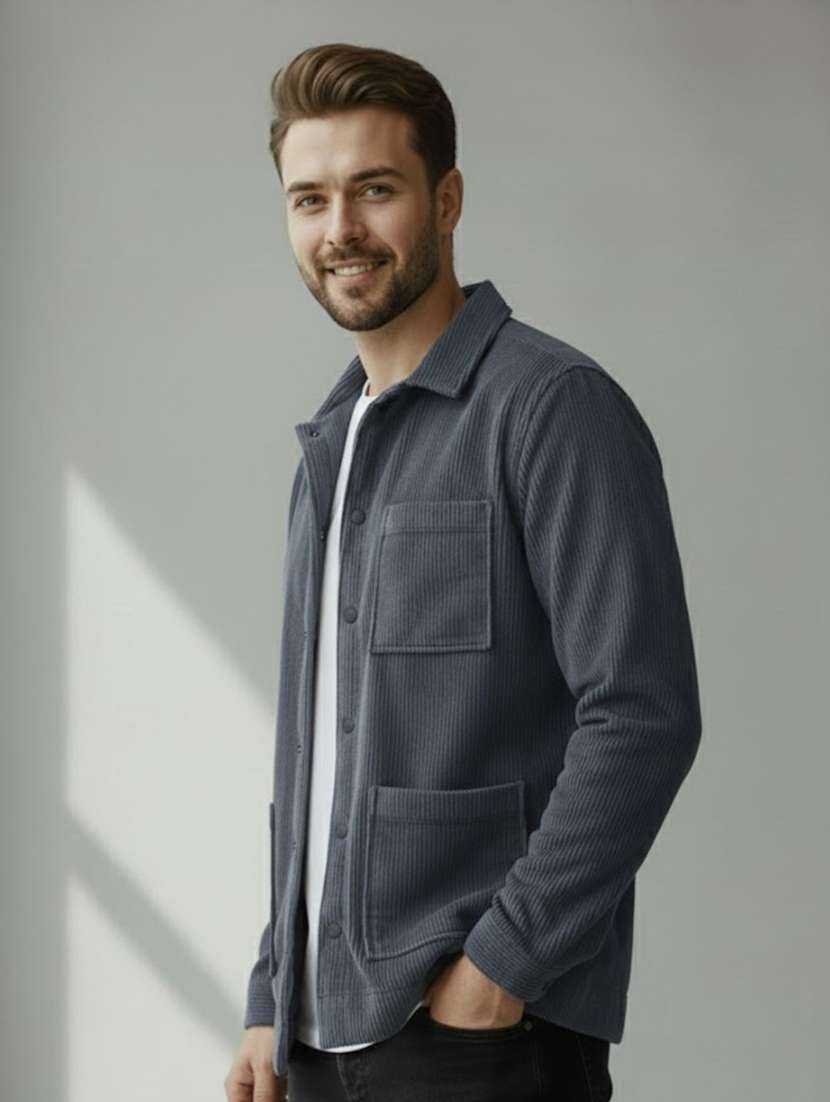 men solid collared long sleeve shacket - 22285879 -  Standard Image - 1