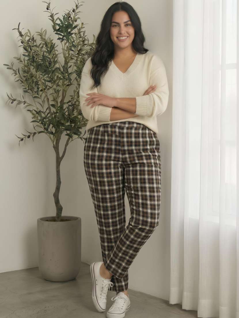 women checkeerd high rise straight trouser - 22285943 -  Standard Image - 1