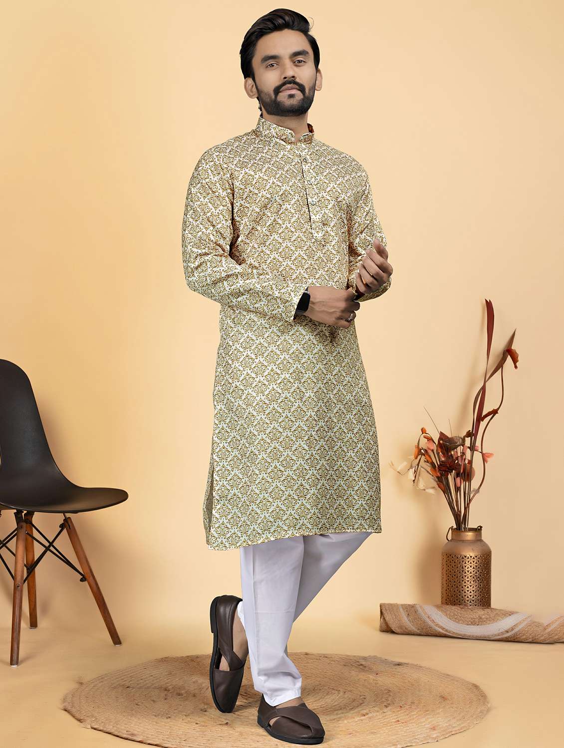men printed mandarin neck long kurta - 22286437 -  Standard Image - 1