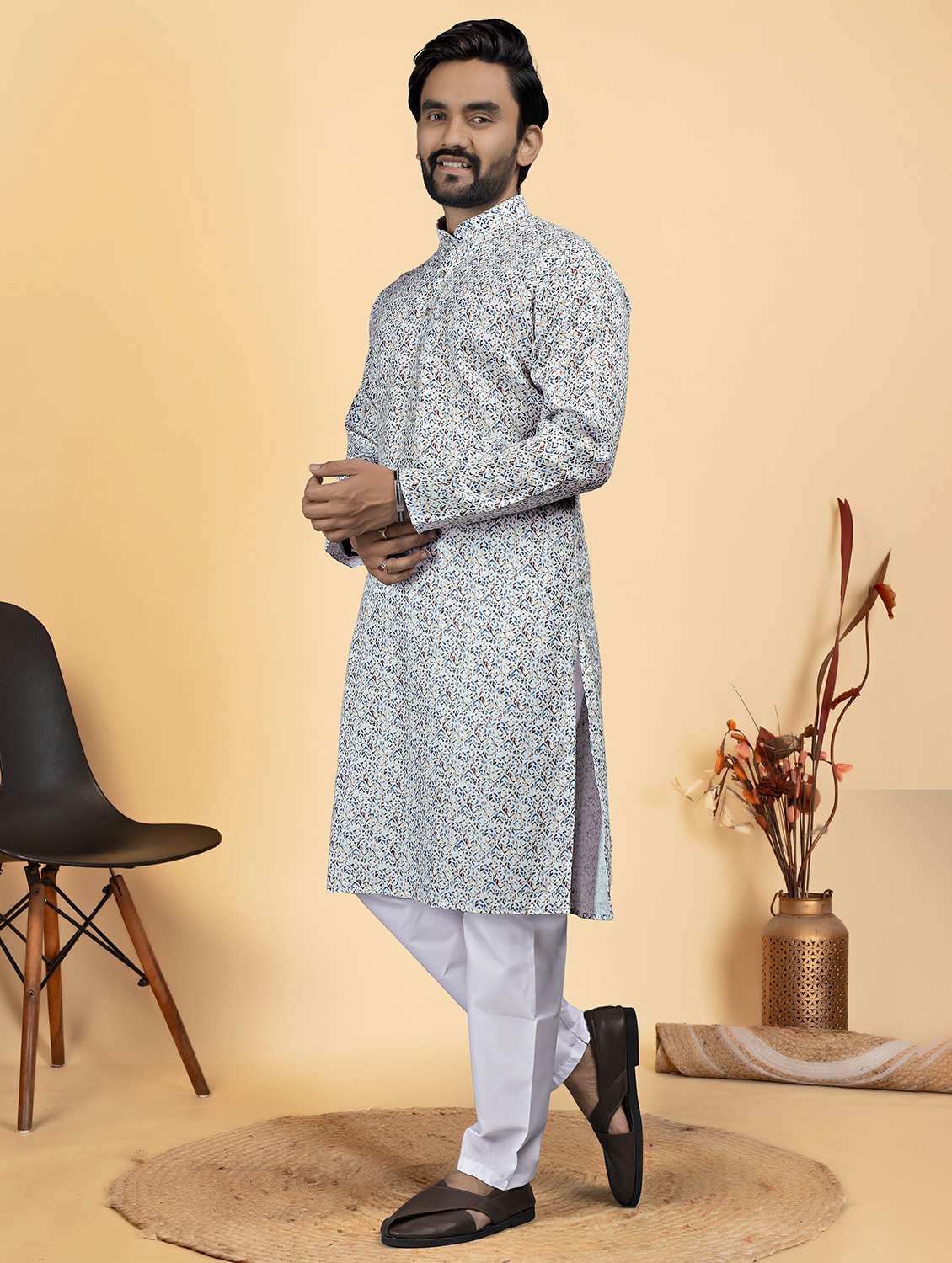 men printed mandarin neck long kurta - 22286440 -  Standard Image - 1