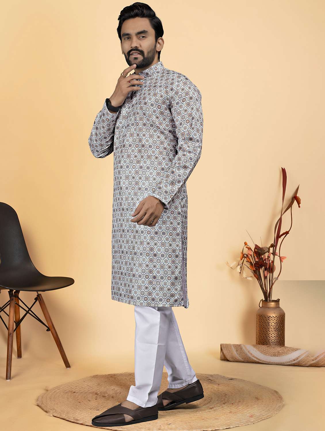 men printed mandarin neck long kurta - 22286441 -  Standard Image - 1