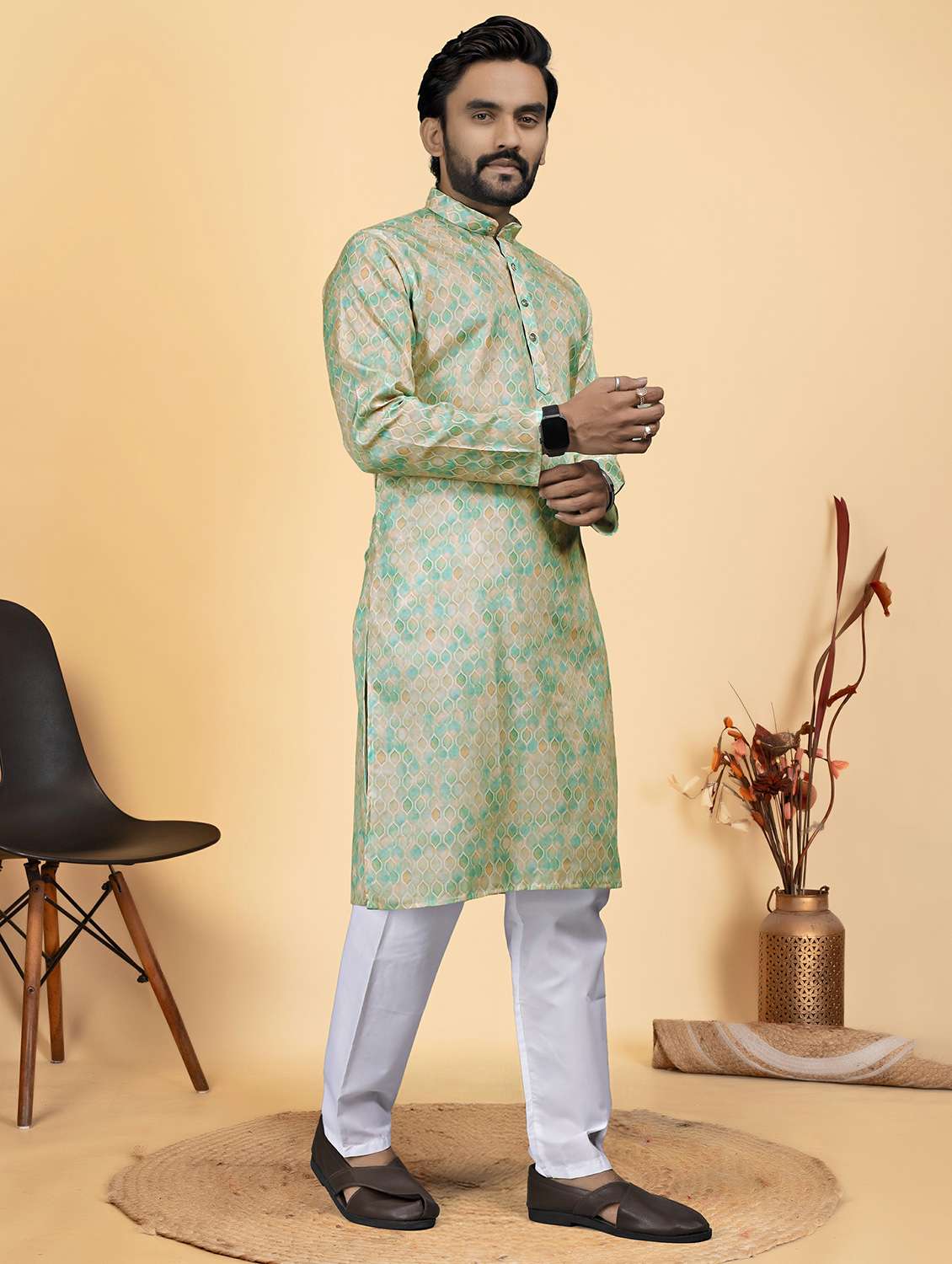 men printed mandarin neck long kurta - 22286442 -  Standard Image - 1