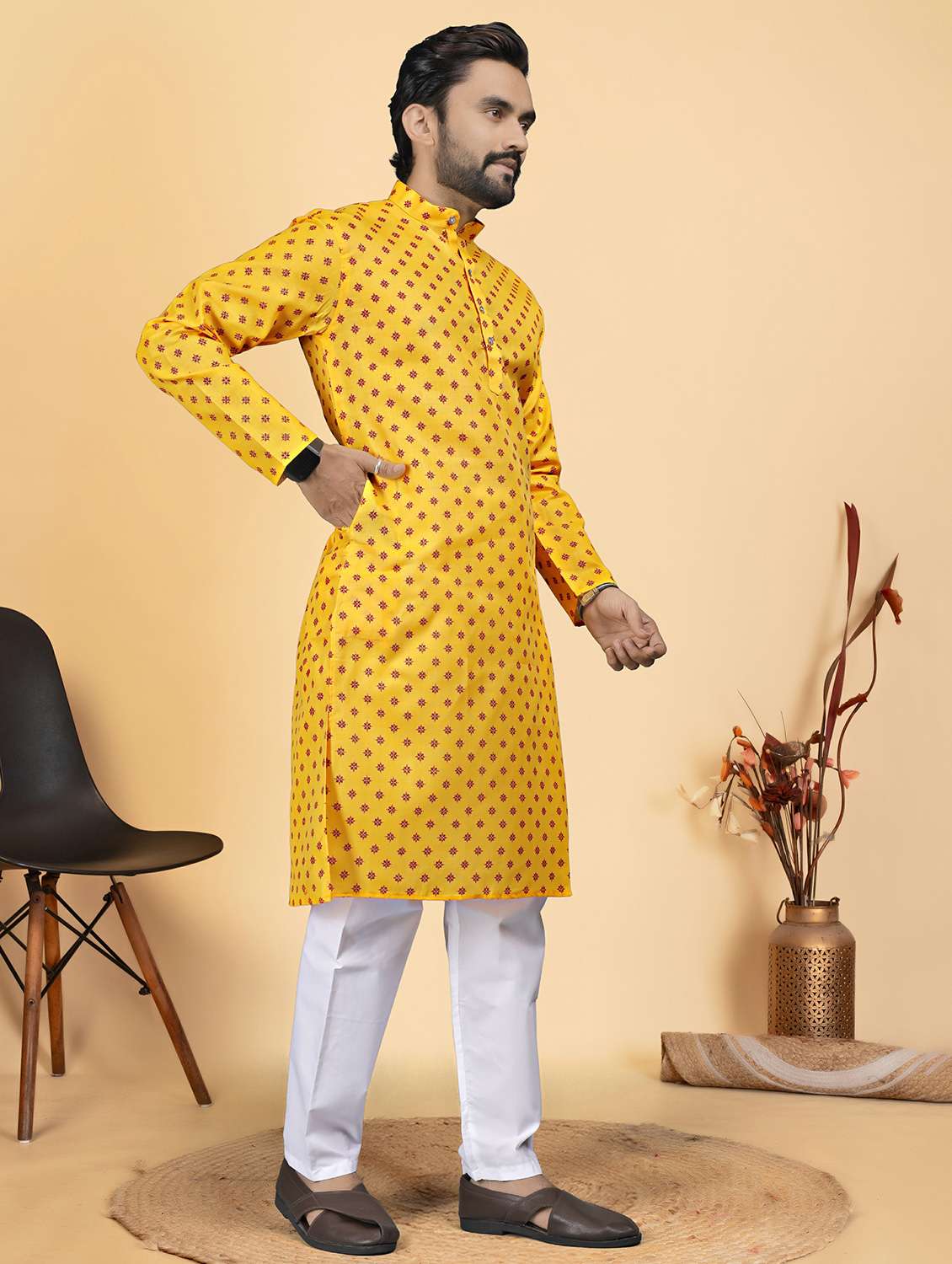 men printed mandarin neck long kurta - 22286443 -  Standard Image - 1
