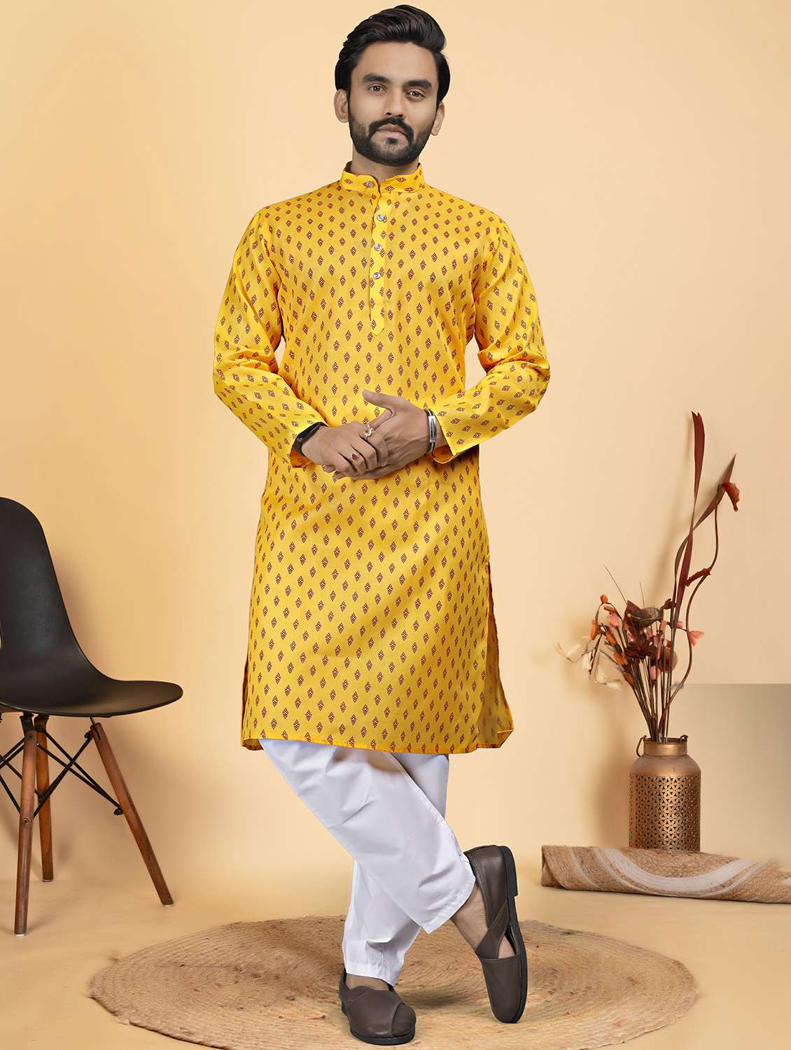 men printed mandarin neck long kurta
