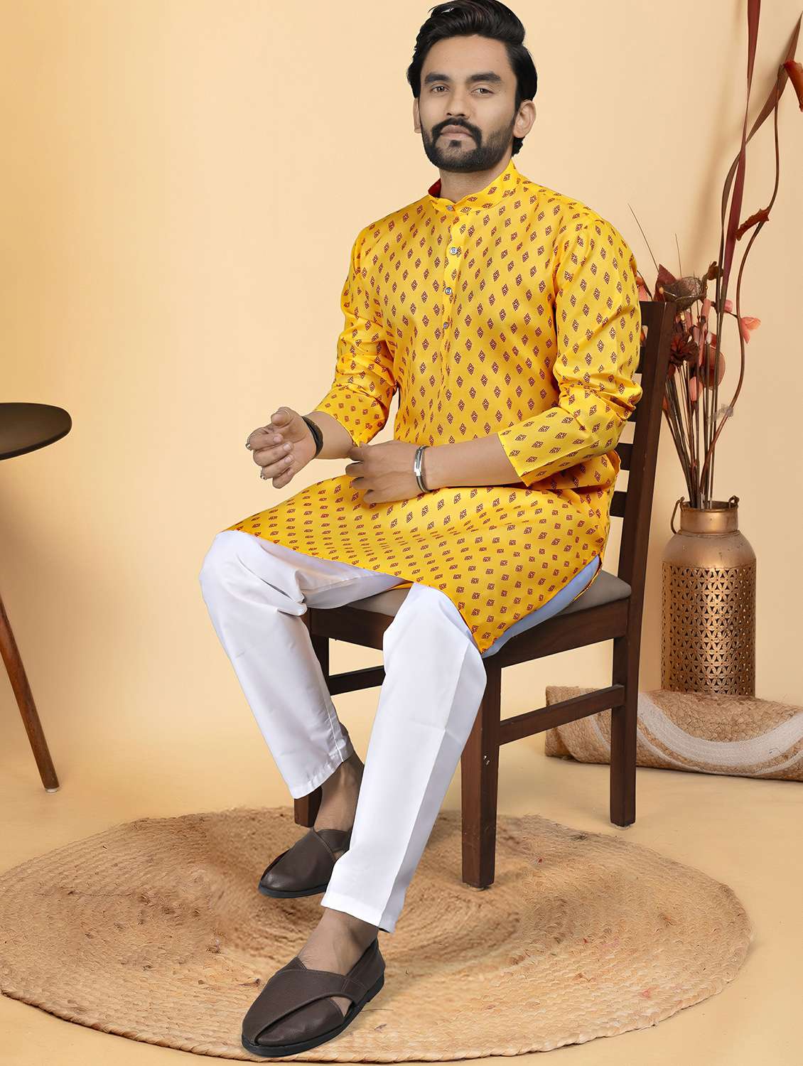 men printed mandarin neck long kurta - 22286445 -  Standard Image - 1