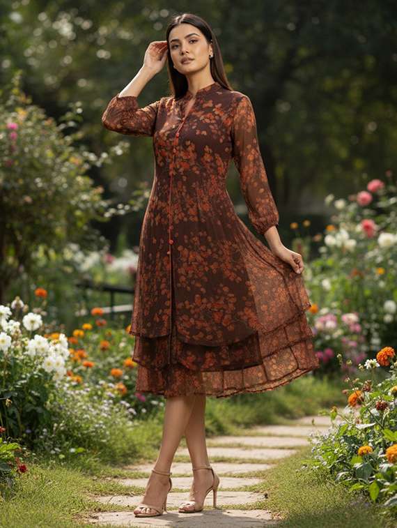 women printed puff sleeve fit & flare dress - 22286448 -  Standard Image - 1