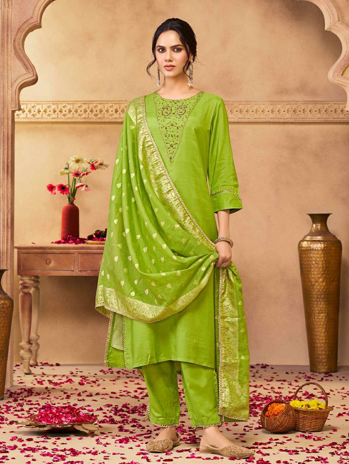 women solid with work three quarter sleeve kurta pant with dupatta set