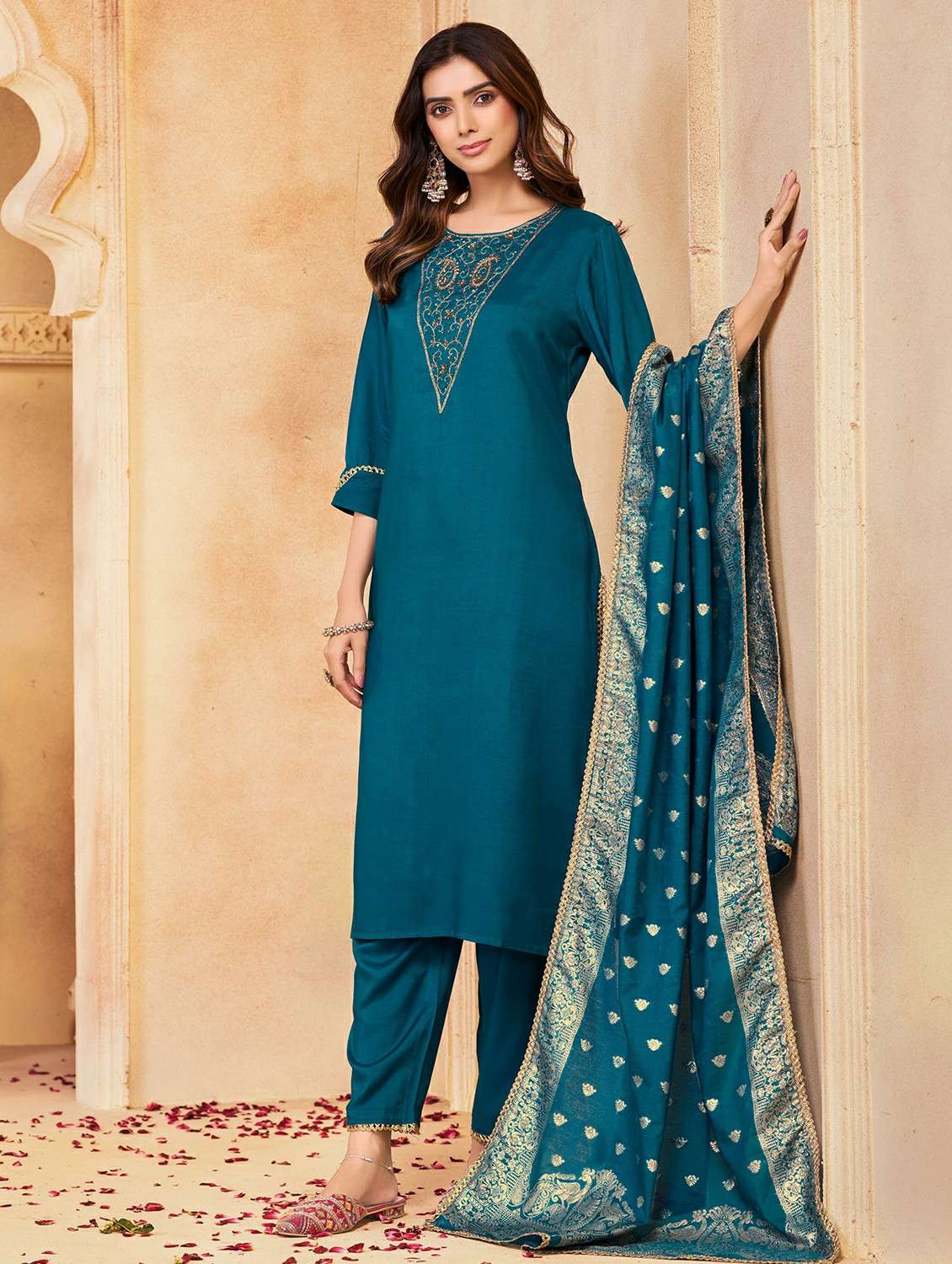 women solid with work three quarter sleeve kurta pant with dupatta set - 22286464 -  Standard Image - 1