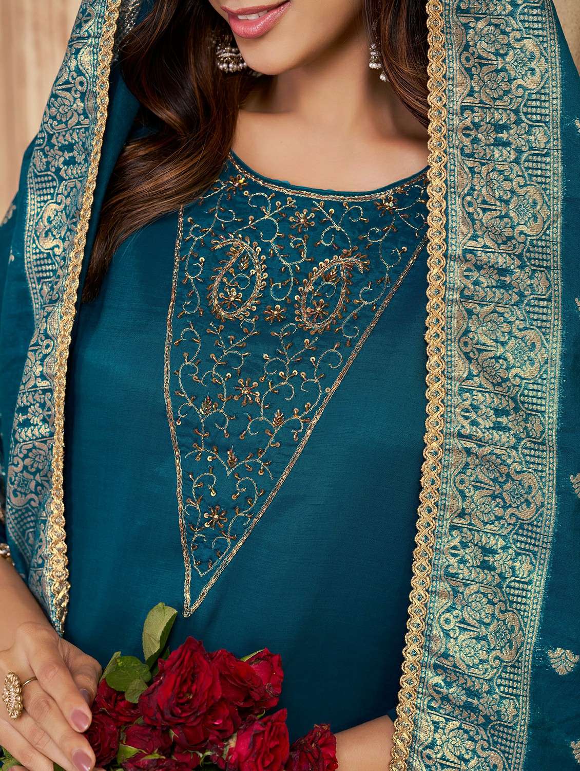 women solid with work three quarter sleeve kurta pant with dupatta set - 22286464 -  Standard Image - 4