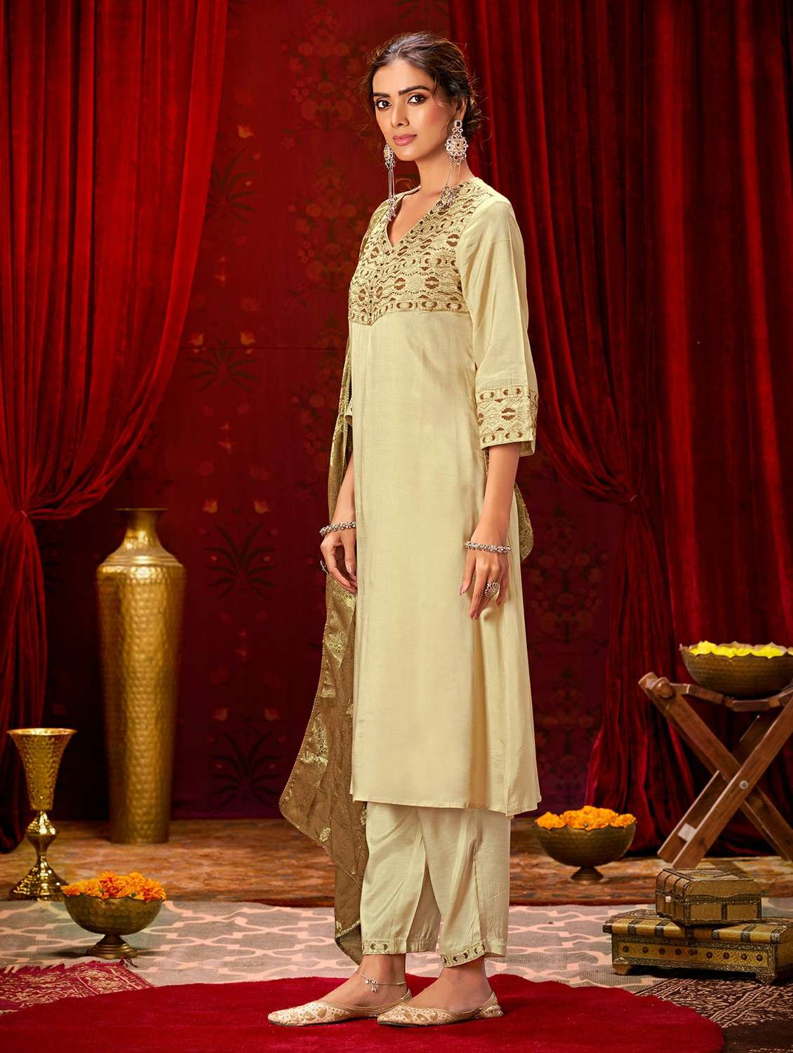 women solid with work three quarter sleeve kurta pant with dupatta set - 22286468 -  Standard Image - 1