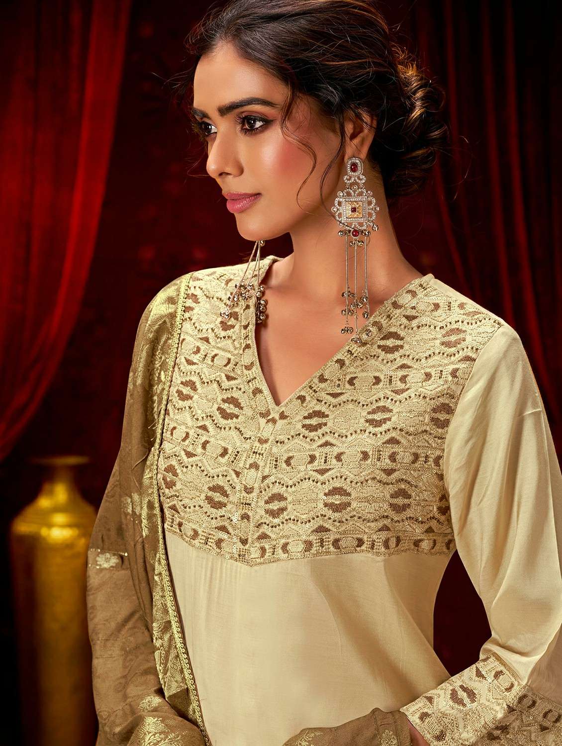 women solid with work three quarter sleeve kurta pant with dupatta set - 22286468 -  Standard Image - 4