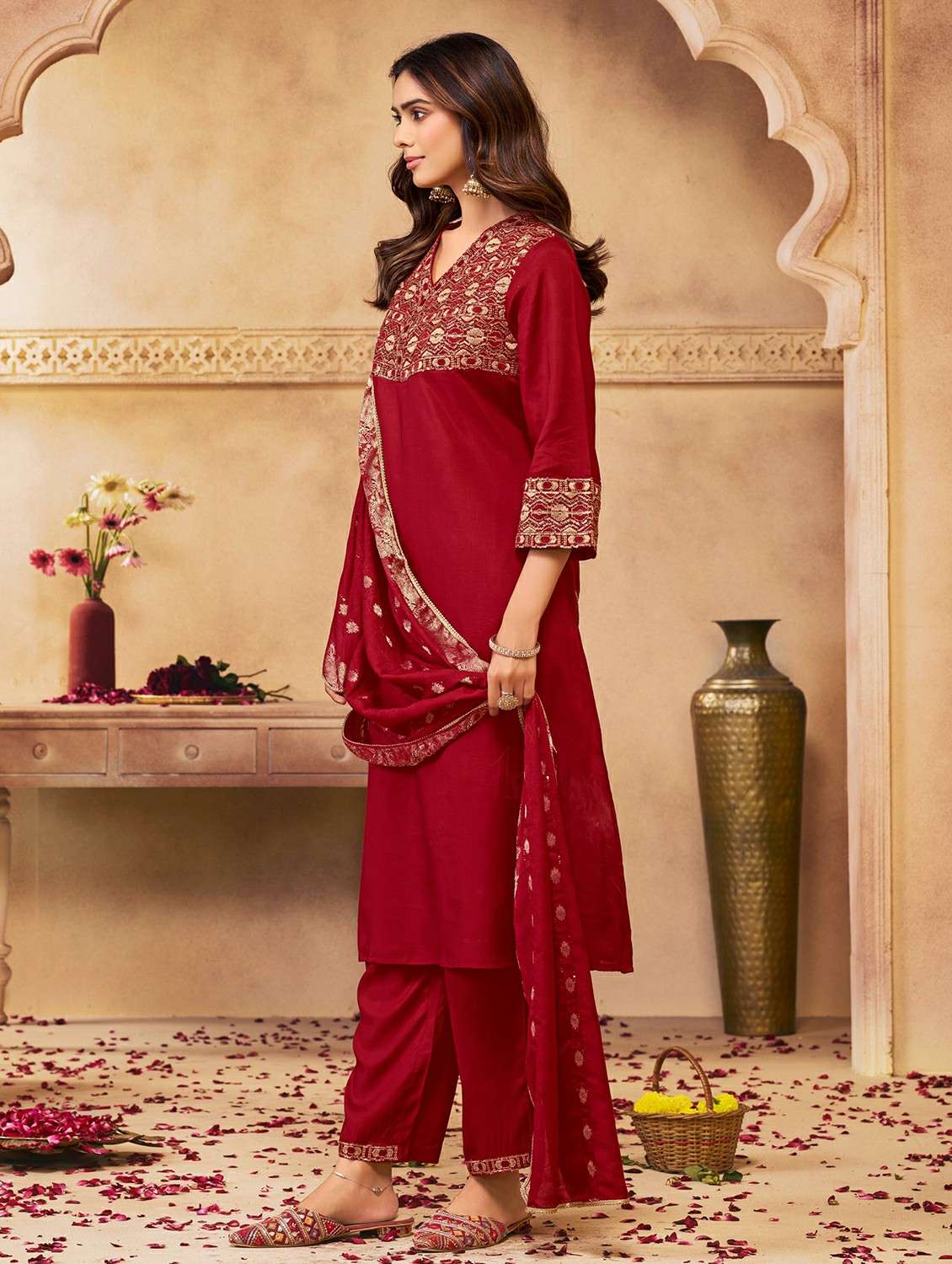 women solid with work three quarter sleeve kurta pant with dupatta set - 22286469 -  Standard Image - 1